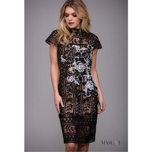 NWT Maslavi Jovani Black Ivory High Neck‎ Contemporary Lace Dress